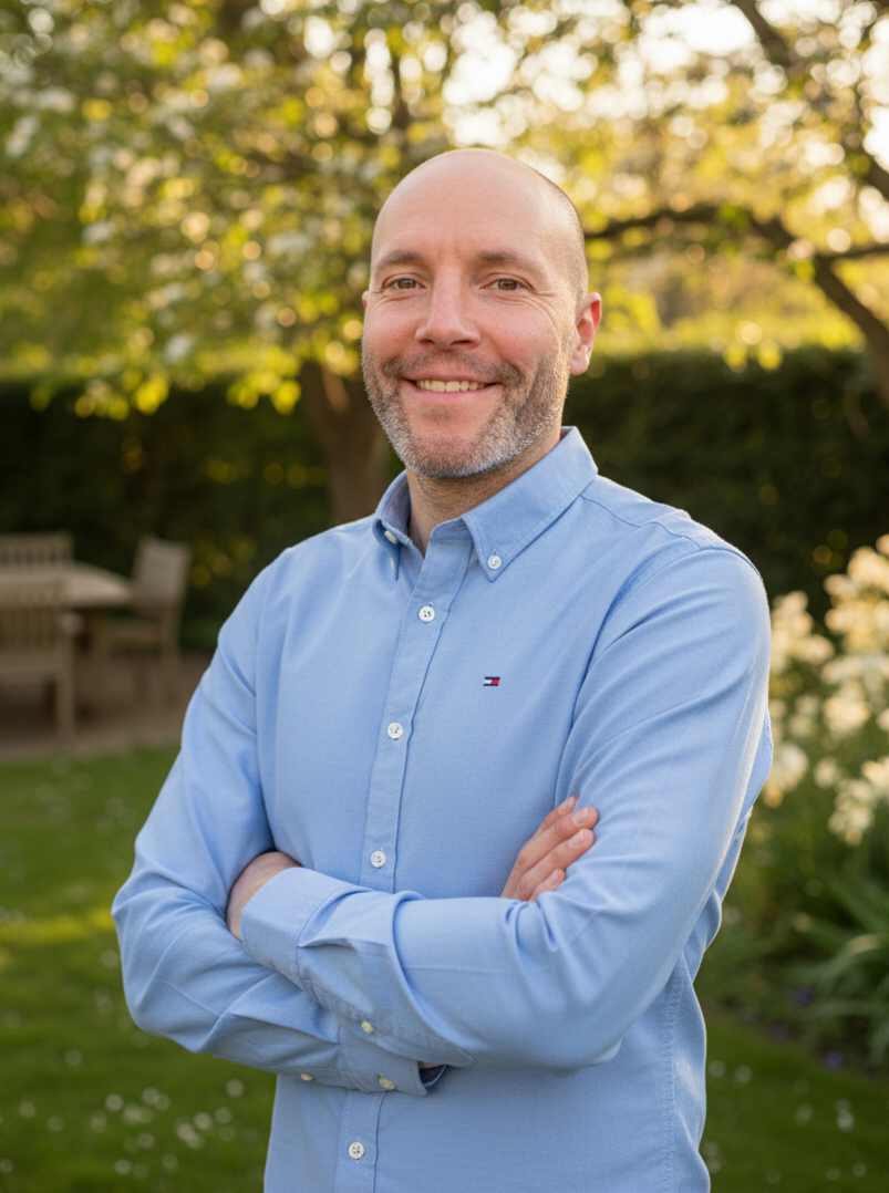 Benedikt Borzichowski im hellblauen Hemd im Grünen